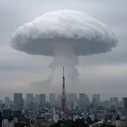 on a foggy morning, cloudy day, a mushroom cloud over tokyo, by craig mullins