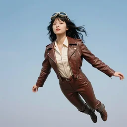 ektachrome, telephoto, highly detailed : incredibly realistic, youthful asian demure floating in the sky, exquisite features, feminine cut, photo 1 9 7 0 s frontiers in flight leather suit cosplay fashion, butcher billy