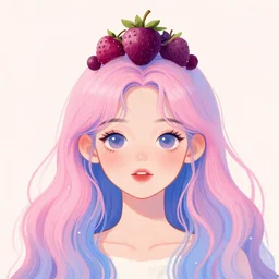 illustration of a girl with a berry for a head, long pink and blue hair