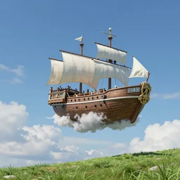 a fantasy ship flying through the clouds with blue sky, grass hill, andreas rocha style