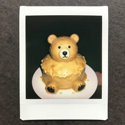 polaroid photo of a bear a dirty of cake dough