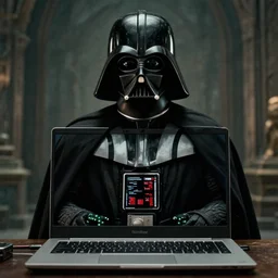 a film portrait still of darth vader programs on the thinkpad, gritty cyberpunk atmosphere. realism, cinematic lighting, beautiful gothic fantasy photorealistic, 4 k. 8 mm. grainy. panavision.