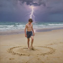 a full shot of a little man made of sand, standing on a beach, his leg slowly melting into sand, early morning lightning, oil on canvas, artstation, by j. c. leyendecker and edmund blair leighton and charlie bowater, octane, very aesthetic!!!!!!!!!!!!!!!