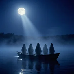 ghosts, ghosts on boat on the middle of lake, fog, moon rays through the fog, night sky, yellow stars, deep blue mood, by stanley kubrick