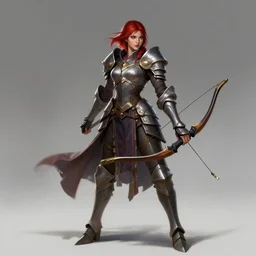 ultra realistic illustration, full body shot of female knight with bow in heroic pose, rich contrast of colors, league of legends artwork