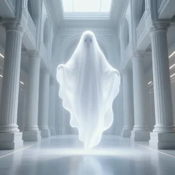 a glowing white ghost floats in massive futuristic fantastical endless classical halls of creation. night time. deep blue tones. renaissance masterpiece. highly detailed sci - fi fantasy painting by norman rockwell, frank frazetta, johfra bosschart, and syd mead. rich colors, high contrast, dark background. artstation