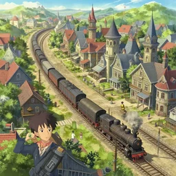 makoto shinkai, artgerm, ilya kuvshinov, overhead shot, steampunk full town, steam trains, victorian buildings in town, detailed, summer setting, overhead shot, cinematic lighting