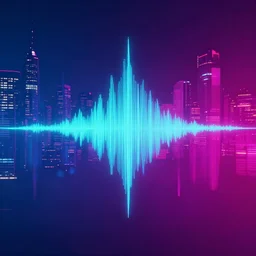 music visualization, sound waves, rithm, a futuristic city of neon, cyan to magenta gradient
