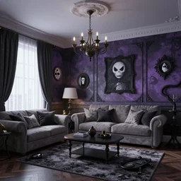 apartment interior designed by tim burton, spooky
