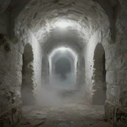 man-made underground dungeon interior with low ceiling and white stone walls, mist and fog, narrow corridors and hallways, claustrophobic;  detailed, best on artstation, raymond swanland, bayard wu, cosmic, epic, stunning, masterpiece