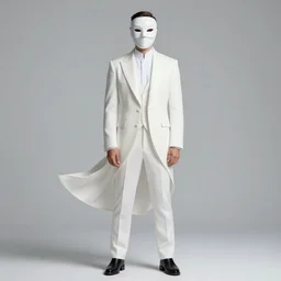 full body portrait of a male character in sleek clothes, in a futuristic flowing white tailcoat, wearing a white mask with five round lenses for eyes, many eyes, dramatic lighting, illustration by Greg rutkowski, yoji shinkawa, 4k, digital art, concept art, trending on artstation