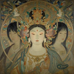 portrait full three kingdom breathtaking detailed concept art painting art deco pattern of birds goddesses amalmation flowers head thibetan temple, by hsiao ron cheng, tetsuya ichida, bizarre compositions, tsutomu nihei, exquisite detail, extremely moody lighting, 8 k, art nouveau, old chines painting, art nouveau
