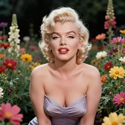 Marilyn Monroe posing in a flower garden, macro, vibrant, 30mm photography, wide shot, dramatic lighting, octane render, hyperrealistic, high quality, highly detailed, artstation, HD, beautiful, cinematic, 8k, unreal engine, facial accuracy, symmetrical