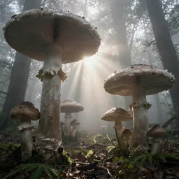 a forest of giant mushrooms, foggy, sunbeams, ethereal, 4k, high quality