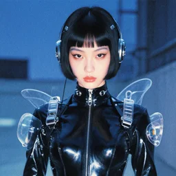 a close - up grainy risograph painting of cyberpunk japanese model man with black eyes and pretty face wearing latex catsuit and lots of transparent and cellophane accessories, blue hour, twilight, by moebius and lehr paul