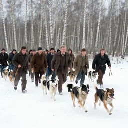 movie still by tarkovsky crowd of hunter and crowd of dogs running 2 in a swamp snowy with birch forest backround, cinestill 8 0 0 t 3 5 mm b & w, heavy grain, high quality, noir, natural textures, photorealistic, ambient occlusion, hd, dof, mud, fog