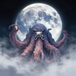 a beautiful artwork illustration, concept art sketch of a gigantic cthulhu on the moon in front of an astronaut, volumetric fog, godrays, high contrast, vibrant colors, vivid colors, high saturation, by Greg Rutkowski and Jesper Ejsing and Raymond Swanland and alena aenami, featured on artstation, narrow angle, vertical orientation