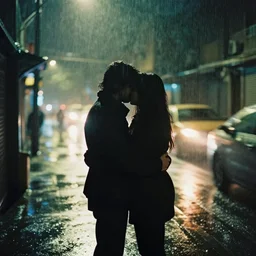 an emotional picture of two shadowy figures hugging each other at night in an ally, it is raining heavily, 35mm, motion blur, long exposure, there is traffic