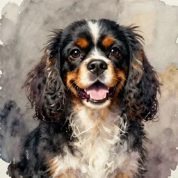 painting of a happy, smiling, black cavalier king charles spaniel. art nouveau, watercolor