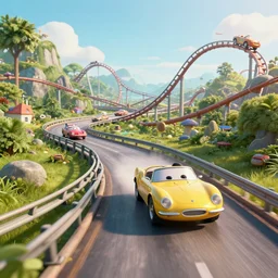 a fantastical world of cars driving on rollercoaster highways photographed by walter wick