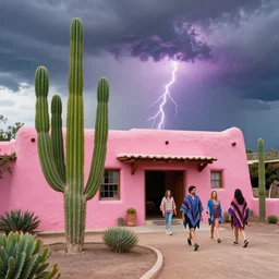 synthwave surrealism, a welcoming pink southwestern pueblo house, giant green prickly pear cactus, people wandering wearing retrowave ponchos, mystical summer thunderstorm