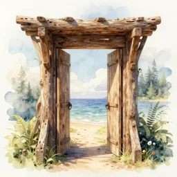 watercolor wooden portal to paradise, ultra detailed, photorealistic, octane render, high definition, fine details, ethereal tones, 8 k