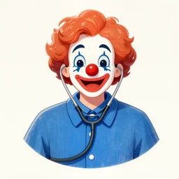 a drawing of a clown with a stethoscope and blue shirt, face paint, a character portrait, trending on deviantart, neoplasticism, creepypasta, freakshow, macabre, white background