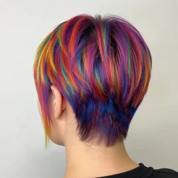 a psychedelic short hair cut, very colorful, close up, view from the back, photo