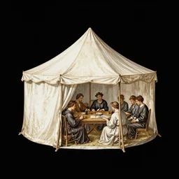 logo of a tent with people inside in the style of Leonardo da Vinci, black background