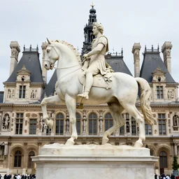 full size of louis xiv equestrial roman statue, marble, background is paris'town hall