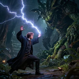 the wizard harry dresden summoning a lightning bolt to zap a giant plant monster, high contrast cinematic light, mystical shadows, sharp focus, octane render