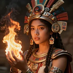 young madonna as an azctec warrior, detailed perfect face, exquisite details, fire magic, mid view, design on a white background, by studio muti, greg rutkowski makoto shinkai takashi takeuchi studio ghibli