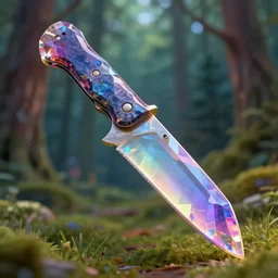 fade crystal knife, macro shot, 3D rendering, colorful, in the forest, 8k, hyperdetalied, hyper realistic, artstation,