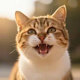 cute cat with human teeth smiling, golden hour