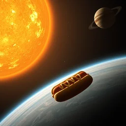 a hotdog the size of the sun next to jupiter in space