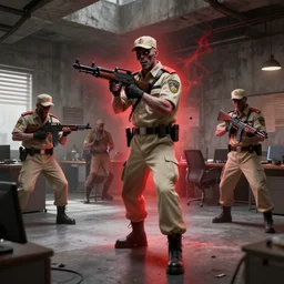 zombie security officers ( beige uniform and caps ) wield ( uzis ) in ( brutalist concrete office ) ( floating in red spectral aura ) trending on artstation high detail digital painting 4 k 8 k hd