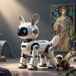 product photo of a futuristic pet robot, kindchenschema, large ears, large tail, by artgerm and greg rutkowski and marc newson and zaha hadid, behance lemanoosh, alphonse mucha, otter slow loris mix, side view, volumetric light, detailed, octane render, midsommar - t