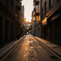 street view of metropolis, alleyway, golden hour