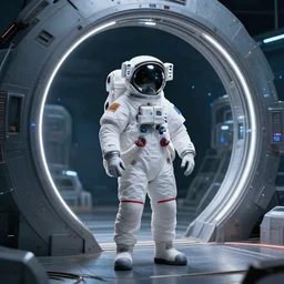 an astronaut standing next to a futuristic portal, photorealistic, ultra high resolution, ultra detailed