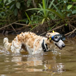 photo of borzoi dog wearing diving gear swimming in the amazon rainforest, 4k award-winning animal photography