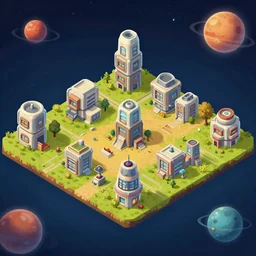 isometric view of a small colony, with the buildings made from modular capsules, on an alien planet, from a point and click 2 d graphic adventure game, art inspride by thomas kinkade