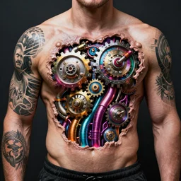 bodybuilder with a full body tattoo of a 3 d hole in the skin with a shiny multicolored metallic gears and tubes robotic mechanics inside under the skin, insanely integrate,