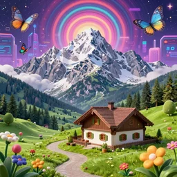 3 d render of matte painting of mountain cottage szene in beautiful mountain landscape in the bavarian alps against a futuristic japanese cyberpunk bladerunner cyber landscape, psychedelic surreal background with 3 d butterflies and 3 d flowers n the style of 1 9 9 0's cg graphics, lsd dream emulator psx, 3 d rendered y 2 k aesthetic by ichiro tanida, 3 do magazine, wide shot