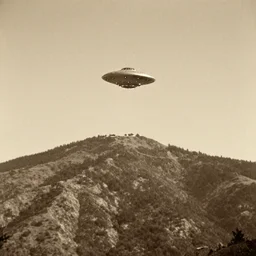 a ufo seen on top of a mountain seen from an airplane, vintage photo, old, grainy, sepia
