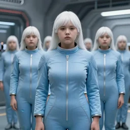formation of passive chubby women with white hair, white hair, blank stares, tight light blue neopren space uniforms, futuristic production facility, sci - fi, highly detailed, cinematic