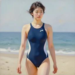 a painting of a Japanese woman wearing racing competitive swimsuit, worksafe, by Brom.