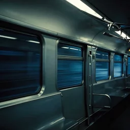 interior of a train car traveling at high speed. distorted night light enters from the windows by john berkey cyberpunk