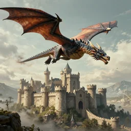 a dragon flying over a medieval castle, fantasy art