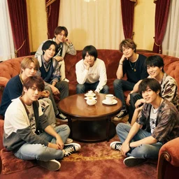 young guys sitting around in a plush room, by sharaku