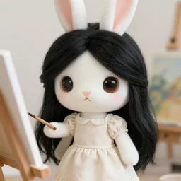 cute emo anthropomorphic bunny with long black hair and brown eyes wearing a dress, painting, realistic, high definition